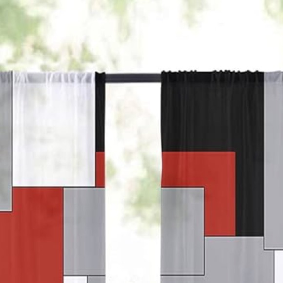 NWOT Sheer Curtains Size 52X63X2” Black Gray Red 2 Panel Drapes - Picture 5 of 8